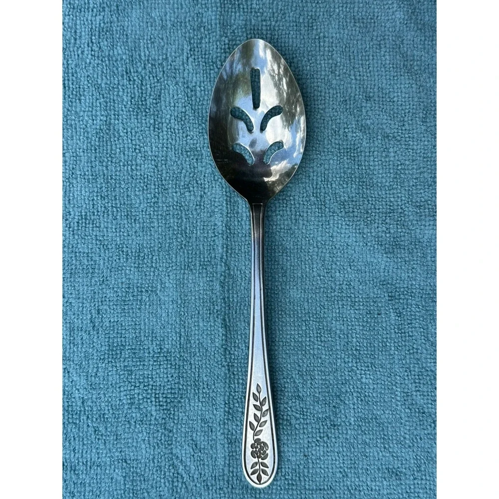 Rogers Floral Mist Pierced Serving Spoon Stainless Korea Discontinued Flatware